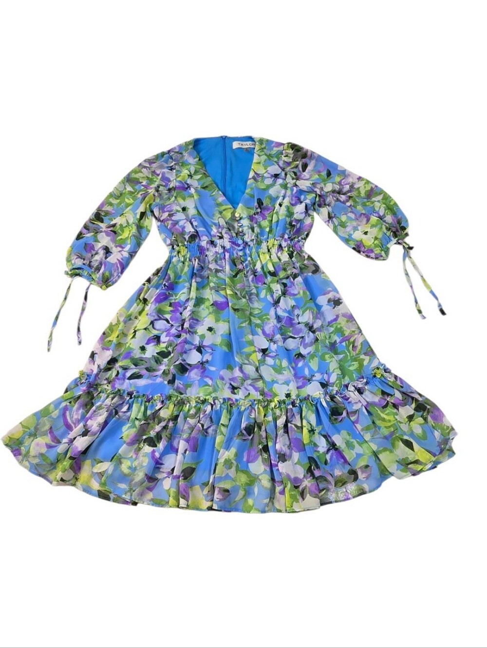 Taylor Blue Floral Print Chiffon Knee Length Mini Dress 6 Faux Covered Buttons
